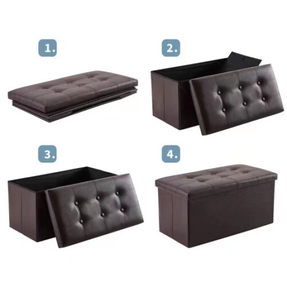 Double, Coffee-colored faux leather foldable storage footstool.